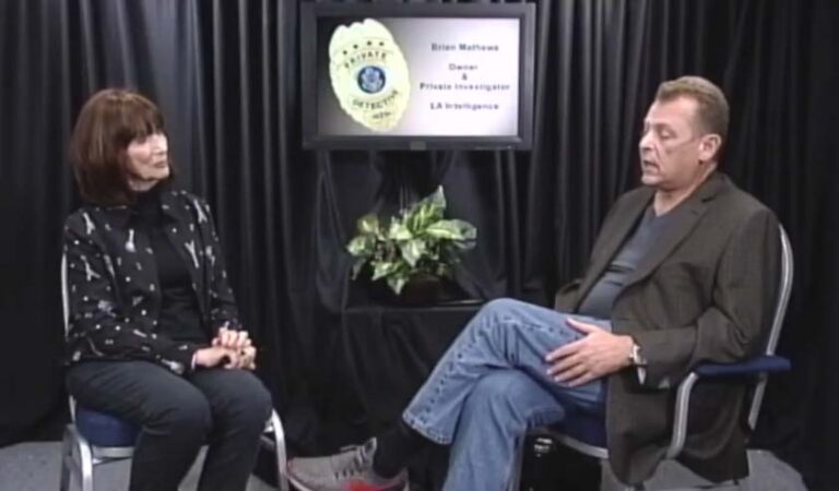 This image shows S. Brian Matthews, owner and private investigator of LA Intelligence, Inc., being interviewed for a segment.