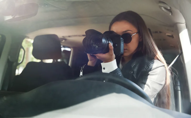 A lady using a camera from inside a vehicle, to depict private investigation or surveillance work