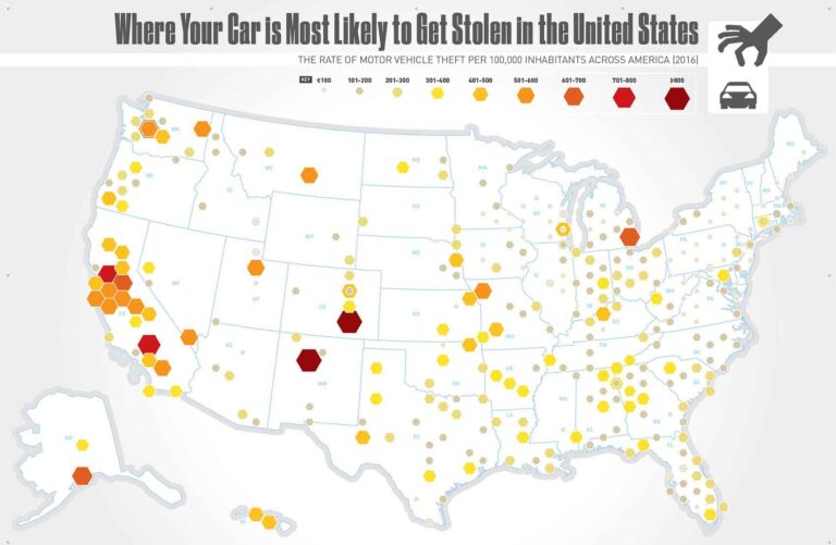 Map highlighting U.S. locations where vehicle theft is reported most frequently.