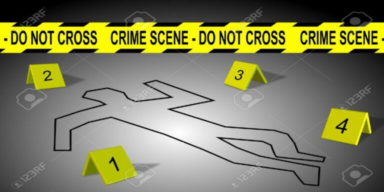 This image depicts a stylized illustration of a crime scene investigation.