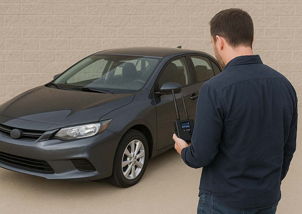 The individual is conducting a vehicle bug sweep using a Technical Surveillance Countermeasure (TSCM) device to identify hidden electronic surveillance equipment