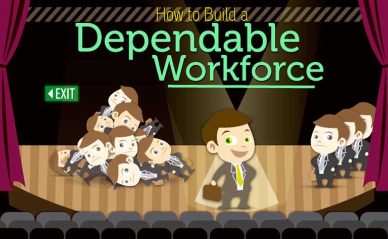 This illustration titled "How to Build a Dependable Workforce" depicts a manager highlighting top talent while other candidates are passed over.