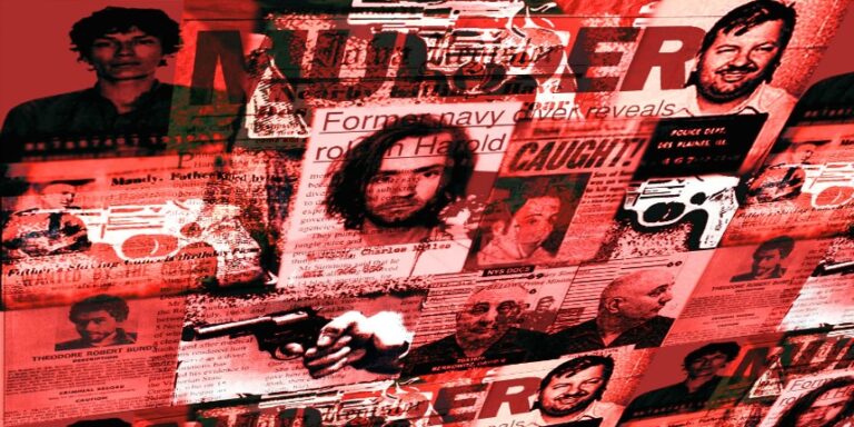 This image shows a collage featuring several notable criminals from American history.